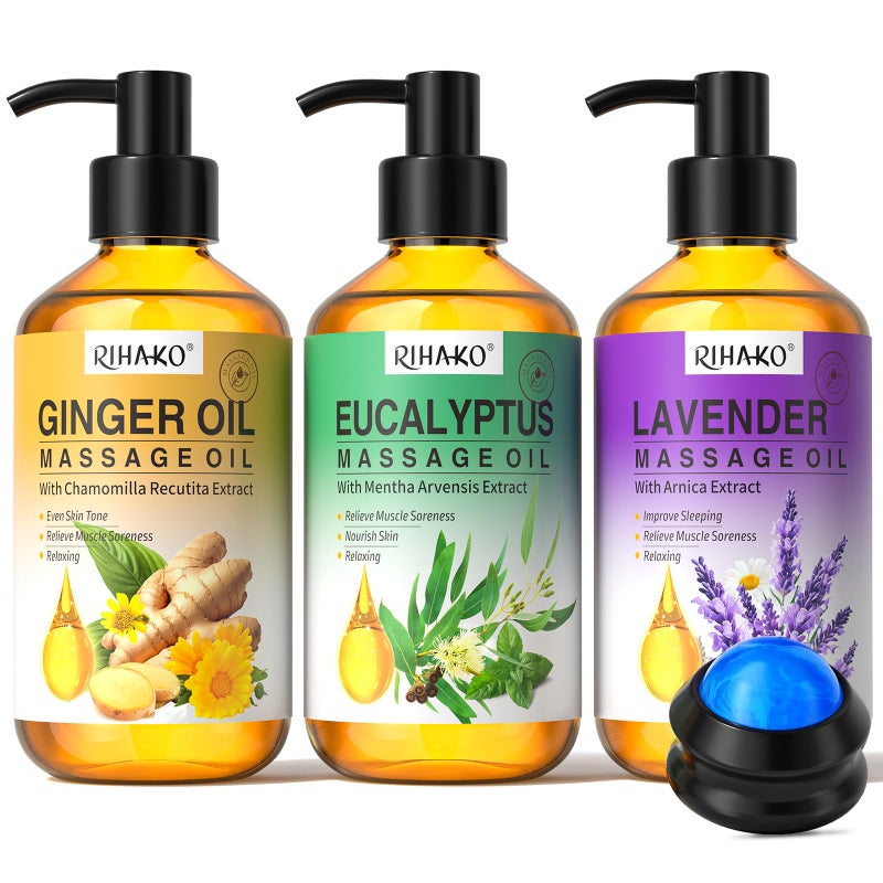 Massage Oil Set for Massage Therapy,Lymphatic Drainage Ginger Oil, Lavender Oil, Sore Muscle Eucalyptus Massage Oils &Massage Ball for Date Night, 3x100ml